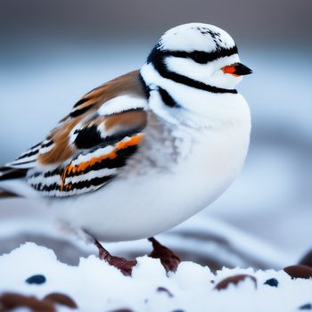 bird with orange and black feathers standing on snow covered ground with snow on it's sides and a blurry background