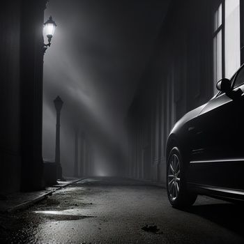 car parked on a street in the dark with a street light in the background and fog in the air