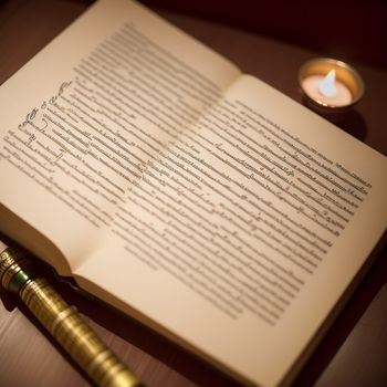 book with a pen on top of it next to a candle and a candle holder on a table