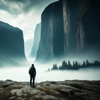 man standing on a rocky cliff overlooking a valley with a mountain in the background and fog in the air