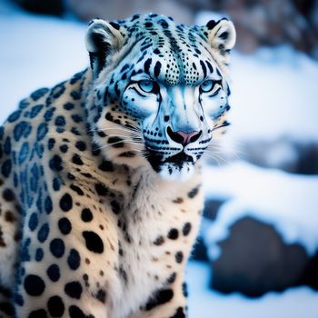 snow leopard with blue eyes walking in the snow with rocks in the background and snow on the ground