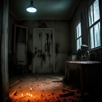 room with a door and a table with candles on it and a light on the floor in front of it