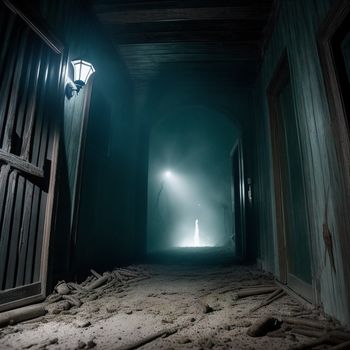 dark hallway with a light at the end of it and a person standing in the doorway at the end