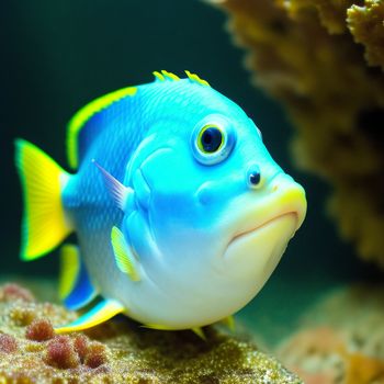 blue and yellow fish is swimming in the water near a coral reef and corals in the water