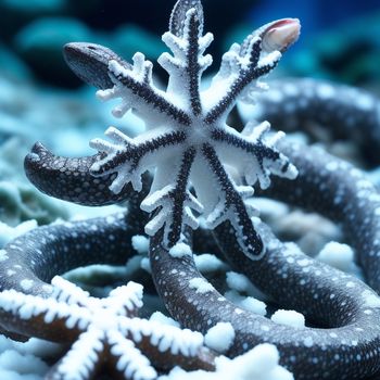 close up of a starfish on a coral reef with snow on it's surface and a coral in the background