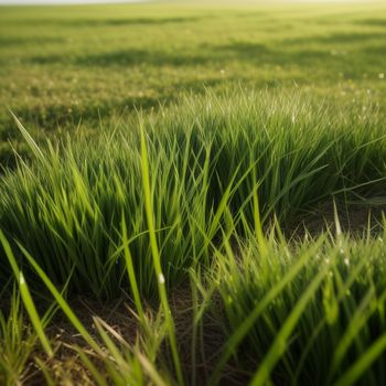 field of grass with a dirt patch in the middle of it and a sky background with a few clouds