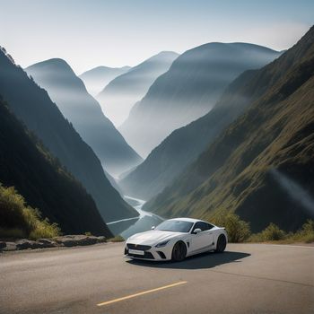 white sports car driving down a road in the mountains with fog in the air and a river running through the valley