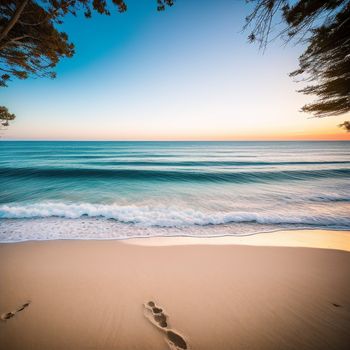 pair of footprints on the sand of a beach at sunset with a view of the ocean and a pine tree