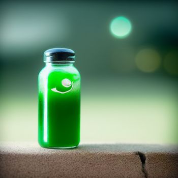 green bottle sitting on top of a cement slab next to a green light in the background of a blurry photo