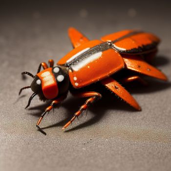 close up of a bug on a table with a gray background and a black and orange bug on the ground