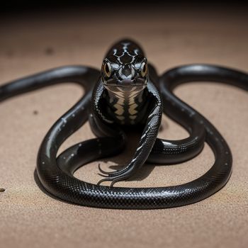 black snake with a black and white stripe on its body and a black snake with a black stripe on its body