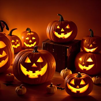 group of carved pumpkins with glowing faces on them