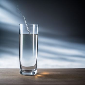 glass of water with a toothbrush in it on a table with a blurry background of water