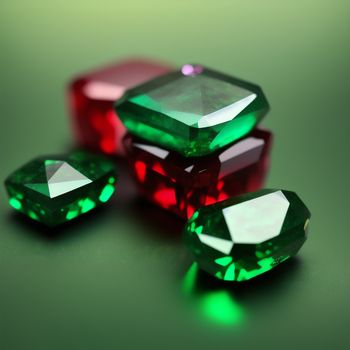 three different colored diamonds on a green surface with a green background and a red one in the middle of the picture