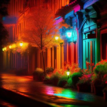 street with a building and a tree with lights on it at night time with a rainbow colored light