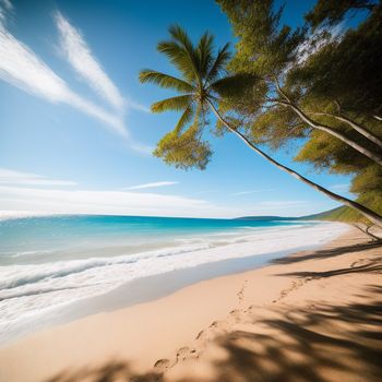 beach with a palm tree and a blue ocean in the background with a few clouds in the sky