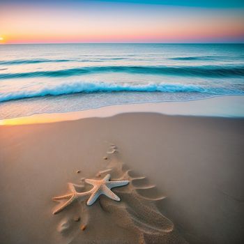 starfish on a beach with the ocean in the background at sunset with a starfish drawn in the sand