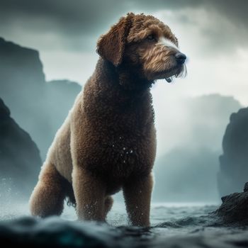 dog standing in the water with a cloudy sky behind it and a rock formation in the background with a dog on it