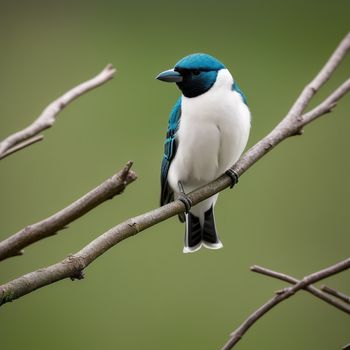 blue and white bird sitting on a branch of a tree with no leaves on it's branches