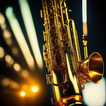 close up of a saxophone with a blurry background of lights in the background and a blurry background