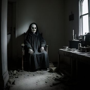 skeleton sitting in a chair in a room with a table and a window in it and a candle in the corner