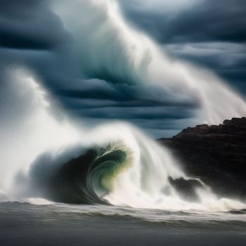 large wave crashing into the ocean with a dark sky above it and a large wave crashing into the ocean