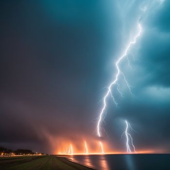 lightning storm is seen over a body of water at night time with a long exposure of lightening