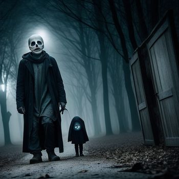 man and a child are walking through a dark forest with a light on their face and a creepy mask on their face