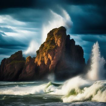 large rock in the middle of the ocean with a wave crashing against it and a dark sky with clouds