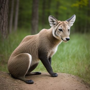 small animal sitting on a dirt road in a forest area with grass and trees in the background and a small animal standing on the ground