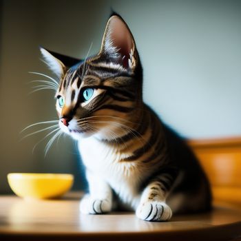 cat sitting on a table next to a yellow bowl of food and a wall in the background with a light shining on it