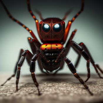 close up of a spider with a blue eyes and a red head on a rock surface with a gray background