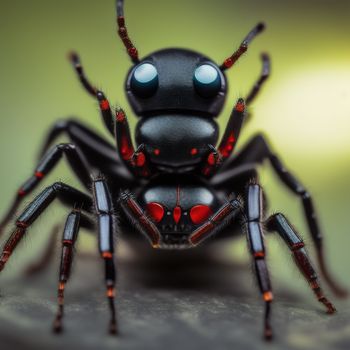 close up of a spider with red eyes and a black body with red and black stripes on it