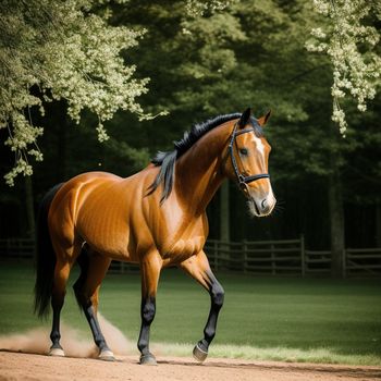 horse is trotting on a dirt road in a field with trees in the background and a fence in the foreground