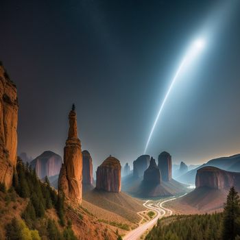 road going through a valley with a mountain in the background and a rocket in the sky above it