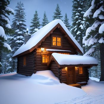 cabin in the woods is covered in snow and lit by a window at night time