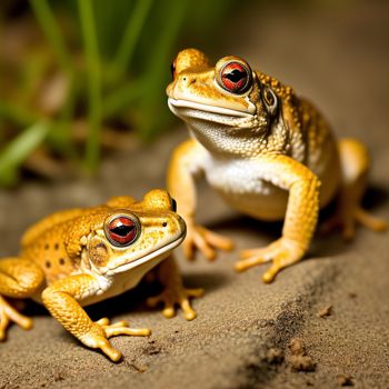 two frogs sitting on a rock with their eyes open and one frog with its head turned to the side