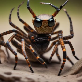 close up of a spider with a big eye patch on it's face and legs