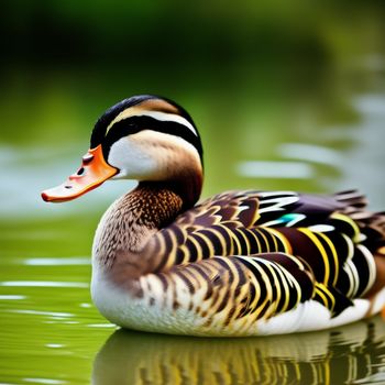 duck is floating on the water with a green background and a reflection of the duck in the water