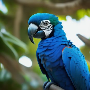 blue parrot sitting on a branch in a tree with leaves in the background and a sky background with a few clouds