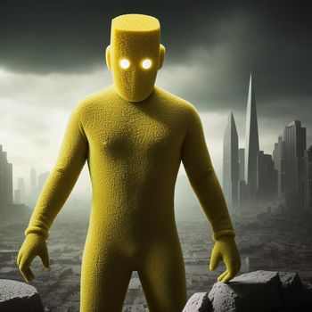 man in a yellow suit with glowing eyes standing on a ledge in front of a cityscape