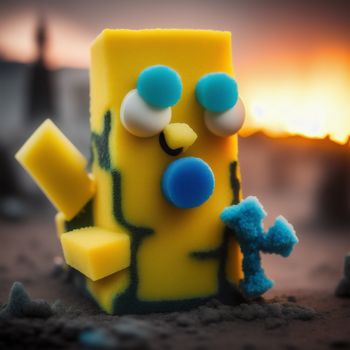 yellow and blue toy sitting on top of a sandy ground next to a building and a sky background