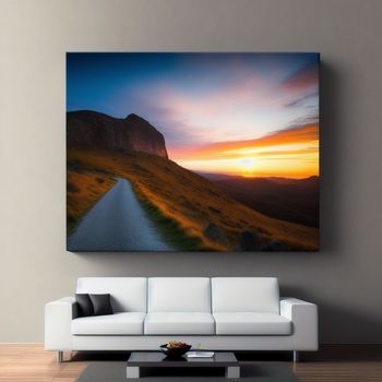 living room with a couch and a painting on the wall above it that has a road going through it