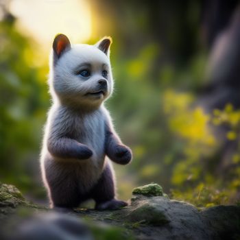 small white bear standing on its hind legs on a rock in the woods with a bright light behind it