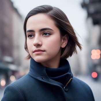 woman with a short haircut and a blue coat on a city street with buildings in the background