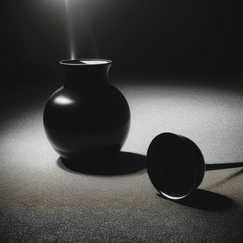 black vase sitting on a table with a light coming from it's top and a shadow of a light coming from the top