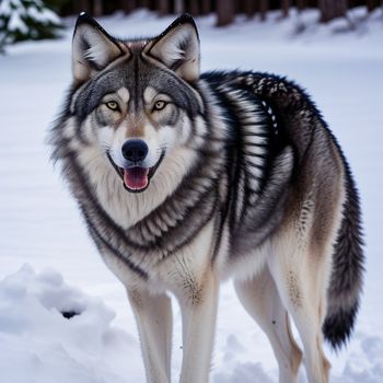 wolf standing in the snow with his mouth open and tongue out