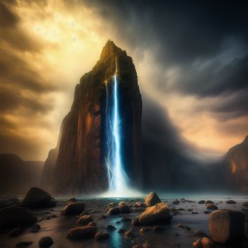 waterfall is shown in the middle of a mountain range with rocks and boulders on the ground below it