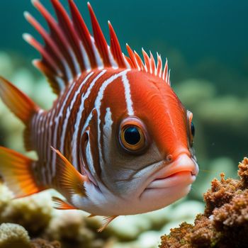 fish with white stripes on its body and a red and white body and head is swimming in the water