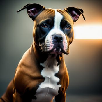 dog with a white and brown face and a black nose and chest